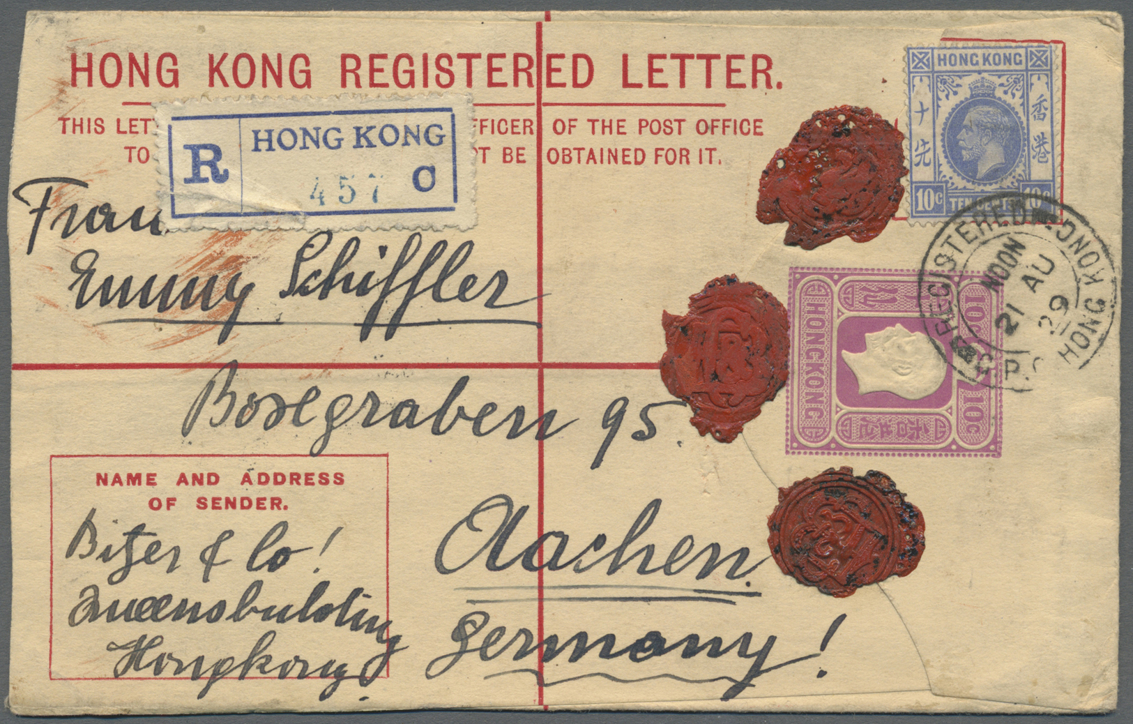 GA Hongkong - Ganzsachen: 1929, Registration Envelope KGV 10 C. Uprated KGV 10 C. Canc. "REGISTERED G.P.O. HONG KONG 21 - Entiers Postaux