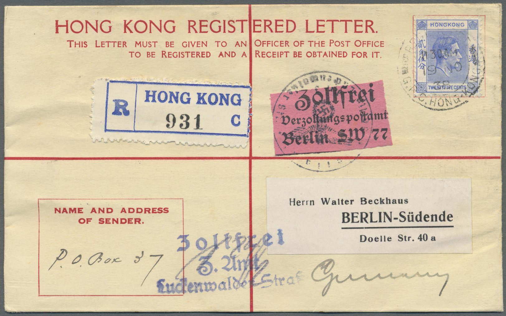 GA Hongkong - Ganzsachen: 1938. Registered Postal·stationery Envelope 25c Indigo Upgraded With SG 149, 25c Blue Tied By - Entiers Postaux