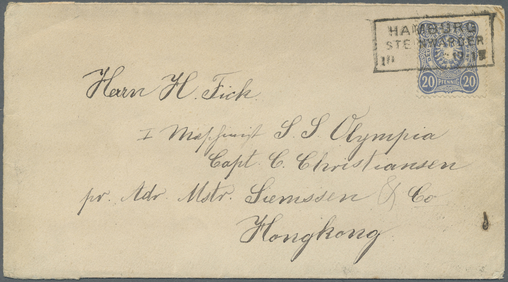 Br Hongkong - Besonderheiten: Incoming Mail, 1884, Germany 20 Pf. Tied Boxed "HAMBURG STEINWERDER" To Cover To Staff Of - Other & Unclassified