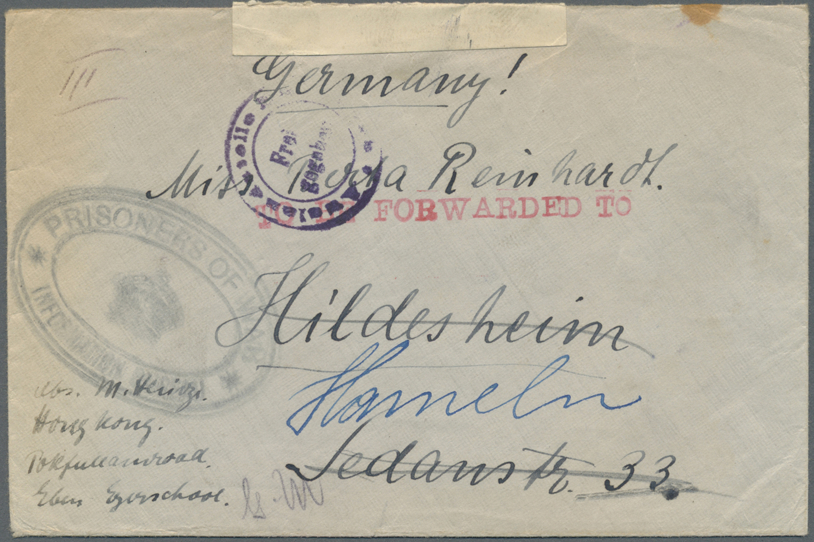 Br Hongkong - Besonderheiten: 1915 (ca.), Stampless Cover To Germany And Fwd. To Hameln, W. Oval "PRISONERS OF WAR/INFOR - Autres & Non Classés