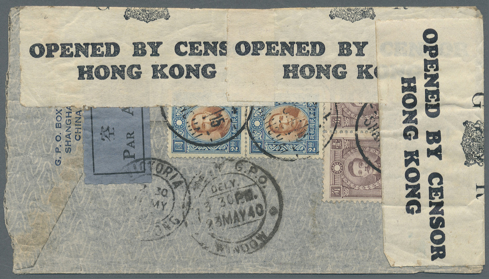 Br Hongkong - Besonderheiten: 1940. Air Mail Envelope To India Bearing SG 419, 30c Maroon (4) And SG 461, $2 Red/brown A - Autres & Non Classés