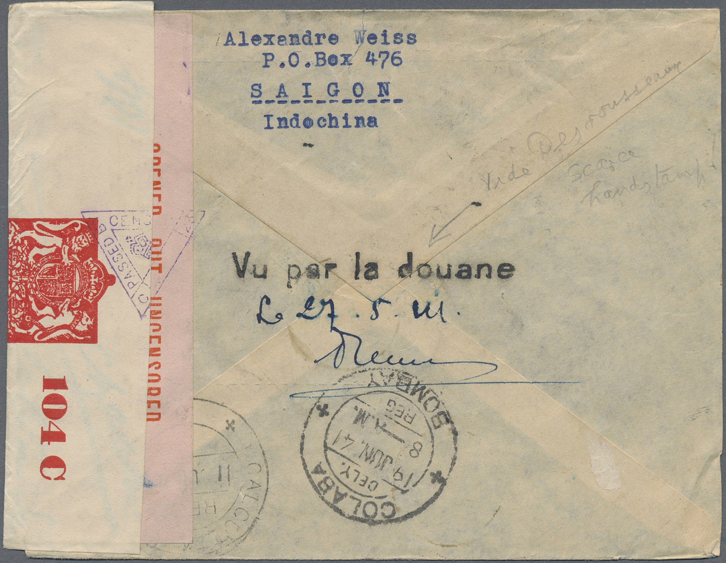 Br Hongkong - Besonderheiten: 1941. Registered Air Mail Envelope Addressed To Lndia Bearing French Indo-China SG 184, 15 - Altri & Non Classificati