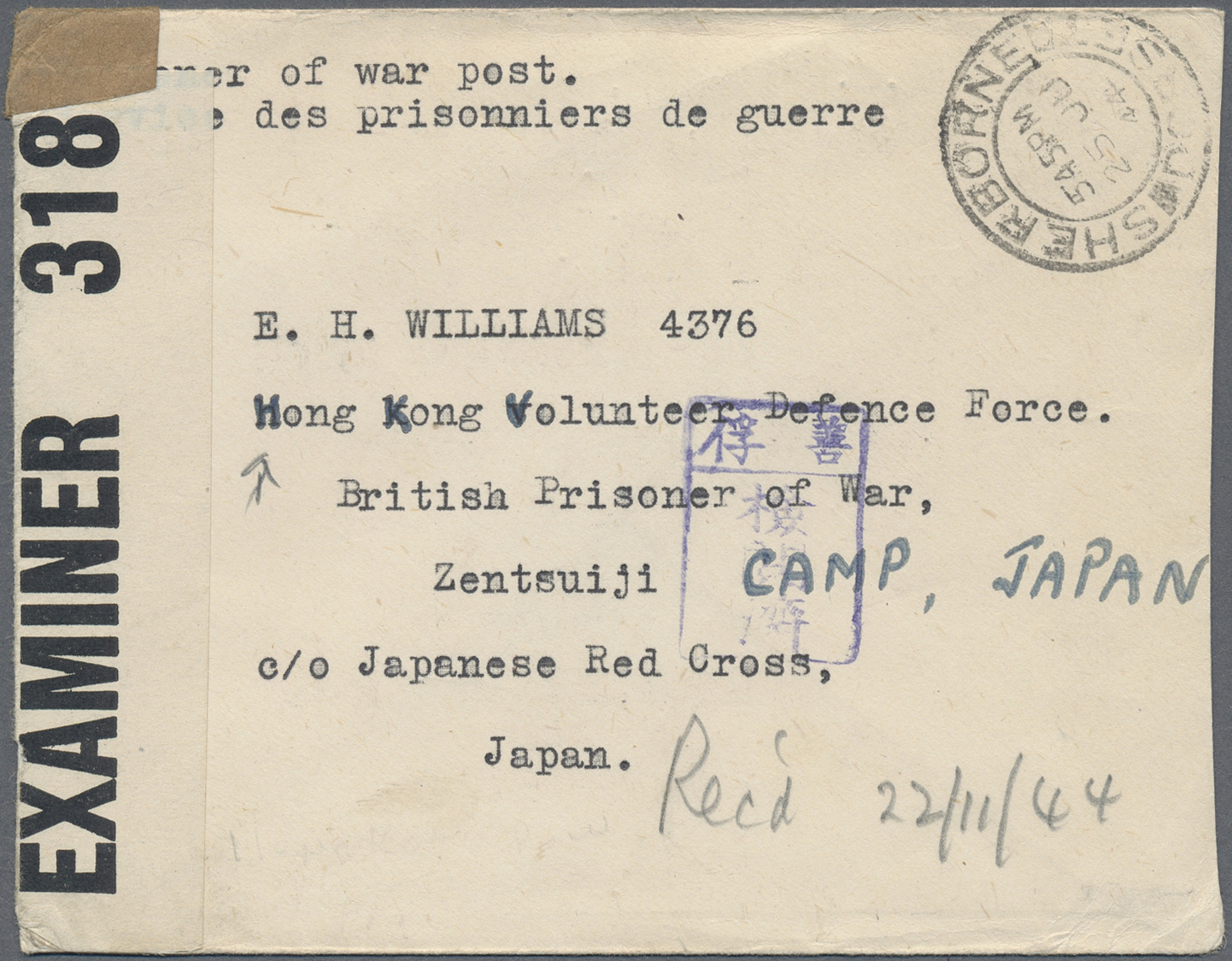 Br Hongkong - Besonderheiten: 1944. Censored Envelope Headed &lsquo;Prisoner Of War Post/Service Des Prisonniers De Guer - Autres & Non Classés