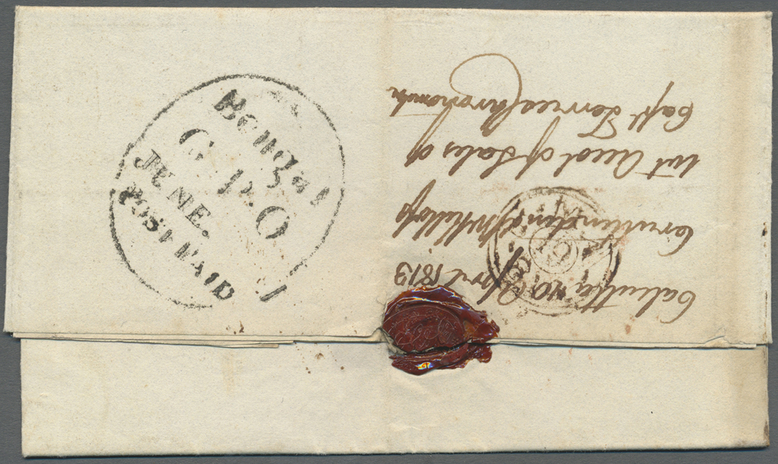 Br Indien - Vorphilatelie: 1813 (10 Apr) BENGAL GPO: Large Oval "Bengal/G.P.O./JUNE. /POST PAID" In Black (Giles SD2) On - ...-1852 Prephilately