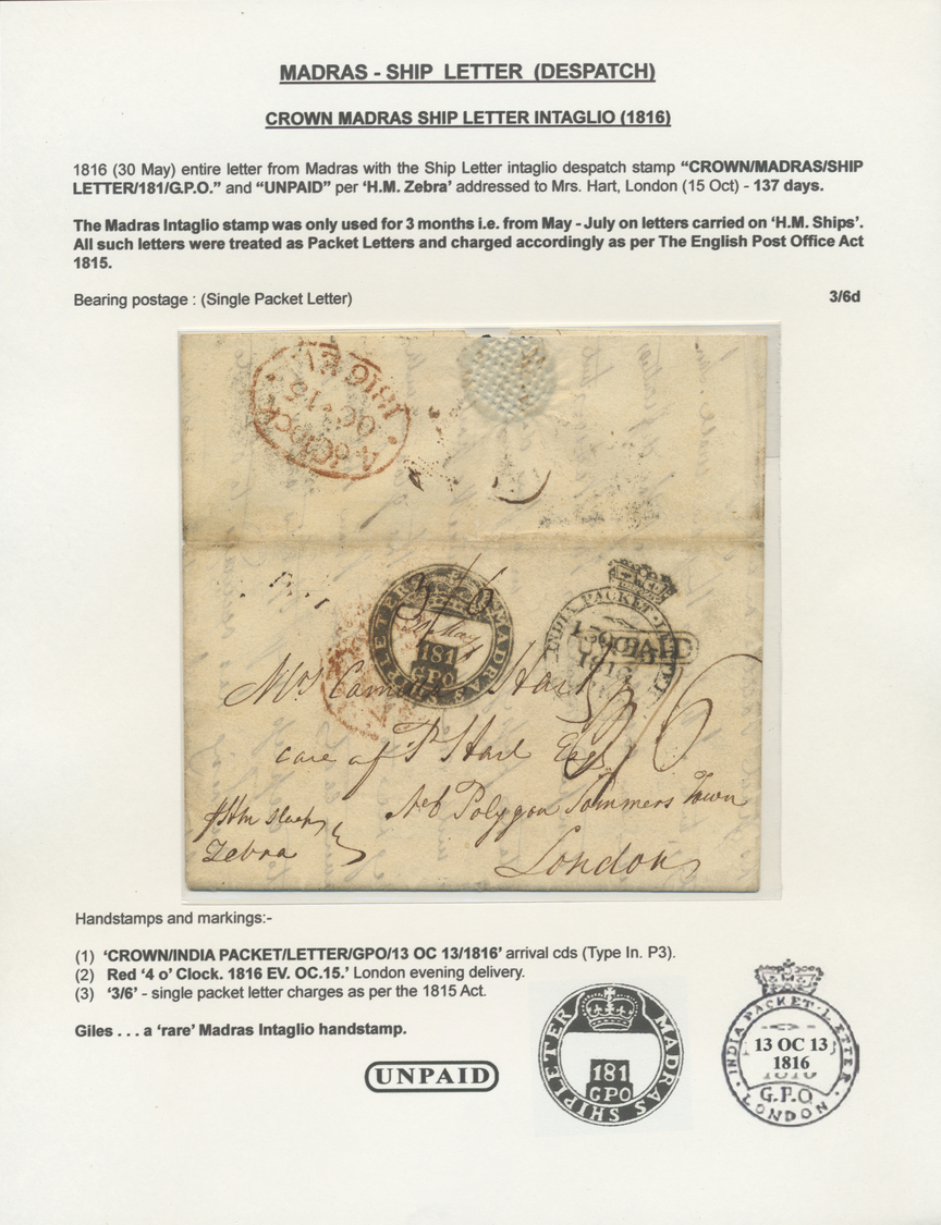Br Indien - Vorphilatelie: 1816 MADRAS CROWN SHIP LETTER INTAGLIO HANDSTAMP: Entire Letter From Madras (30 May) To Londo - ...-1852 Préphilatélie