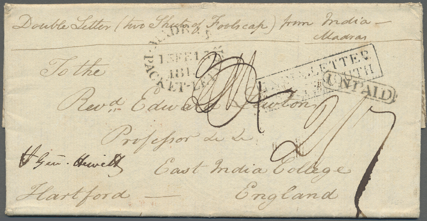 Br Indien - Vorphilatelie: 1819 (13 Feb): Double Letter From Madras To Revd. E. Lewton, Professor At East India College, - ...-1852 Prephilately