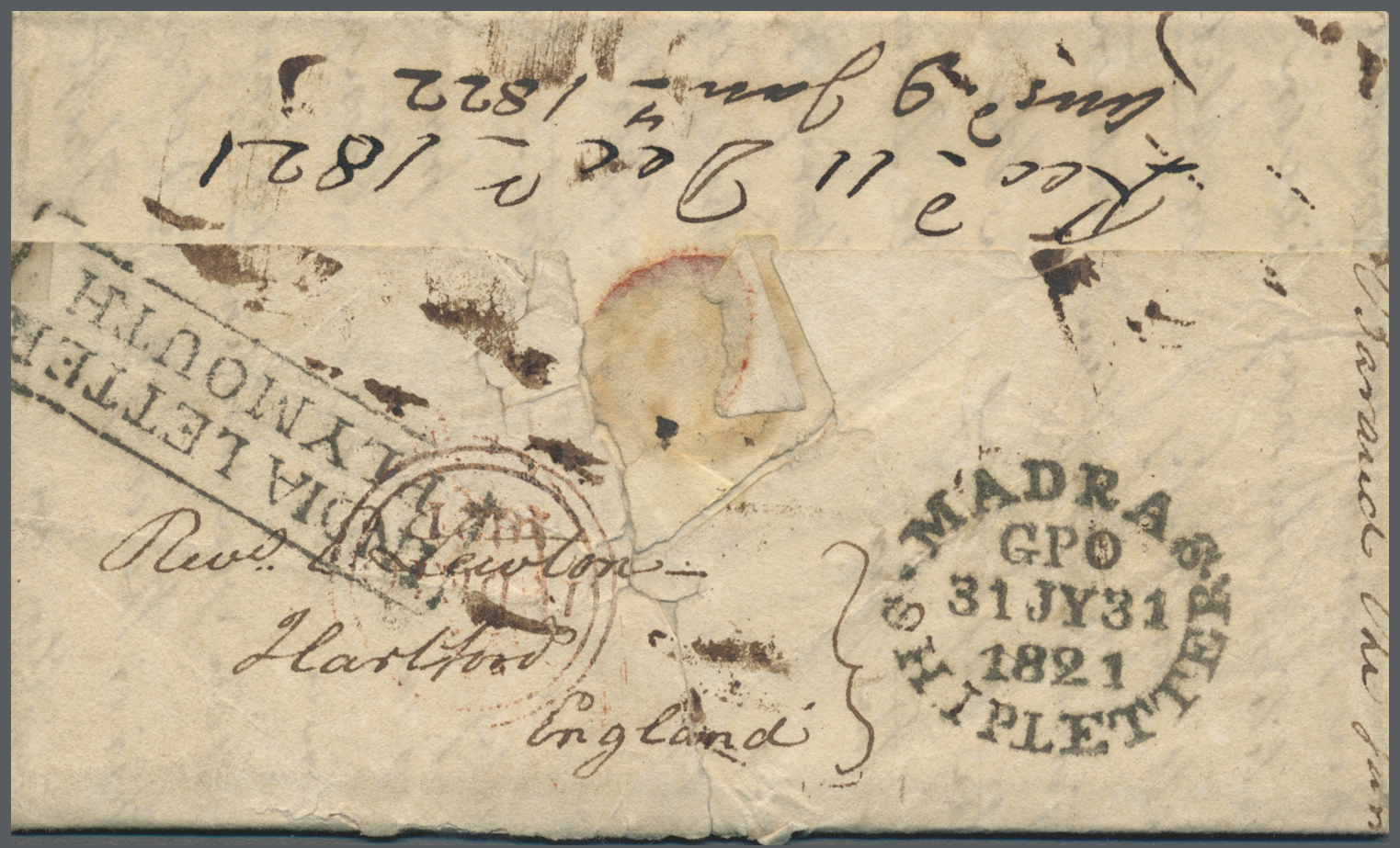 Br Indien - Vorphilatelie: 1821 (25 July): Letter From Quilon To Revd. E. Lewton, Professor At East India College, Hartf - ...-1852 Prephilately