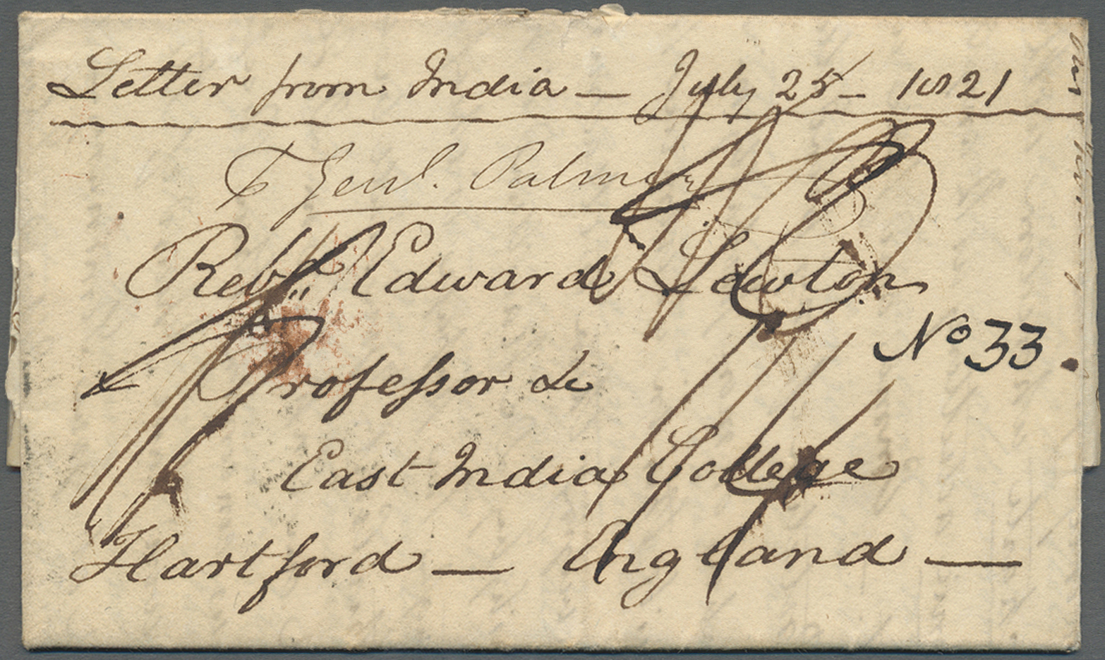 Br Indien - Vorphilatelie: 1821 (25 July): Letter From Quilon To Revd. E. Lewton, Professor At East India College, Hartf - ...-1852 Prephilately