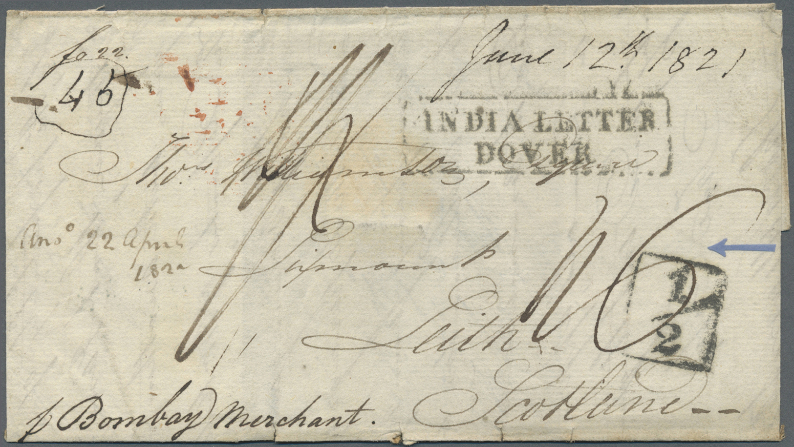 Br Indien - Vorphilatelie: 1821/1823 "INDIA LETTER": Two Different Boxed "INDIA LETTER/DOVER" Handstamps On 1821 Folded - ...-1852 Prephilately