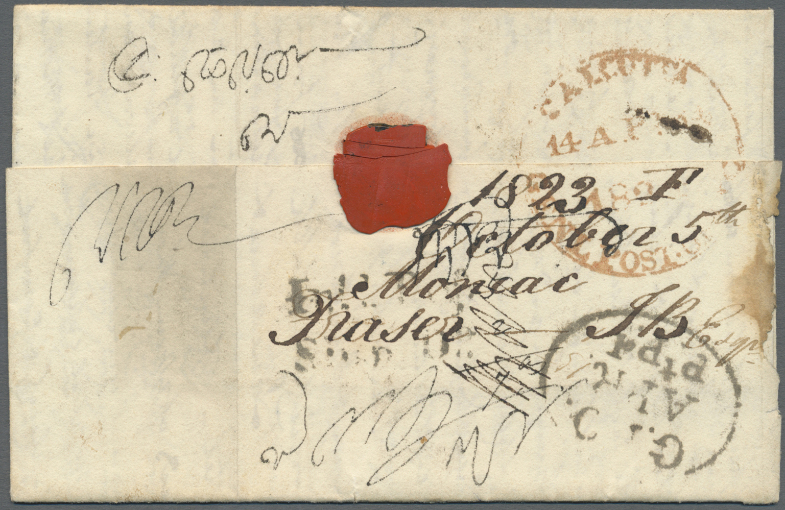 Br Indien - Vorphilatelie: 1823 (5 Oct): Calcutta Oval Dater "G.P.O./APR/Pt.Pd.", Two-liner "Inld.Ptge. (5)/Ship Do. (2) - ...-1852 Prephilately