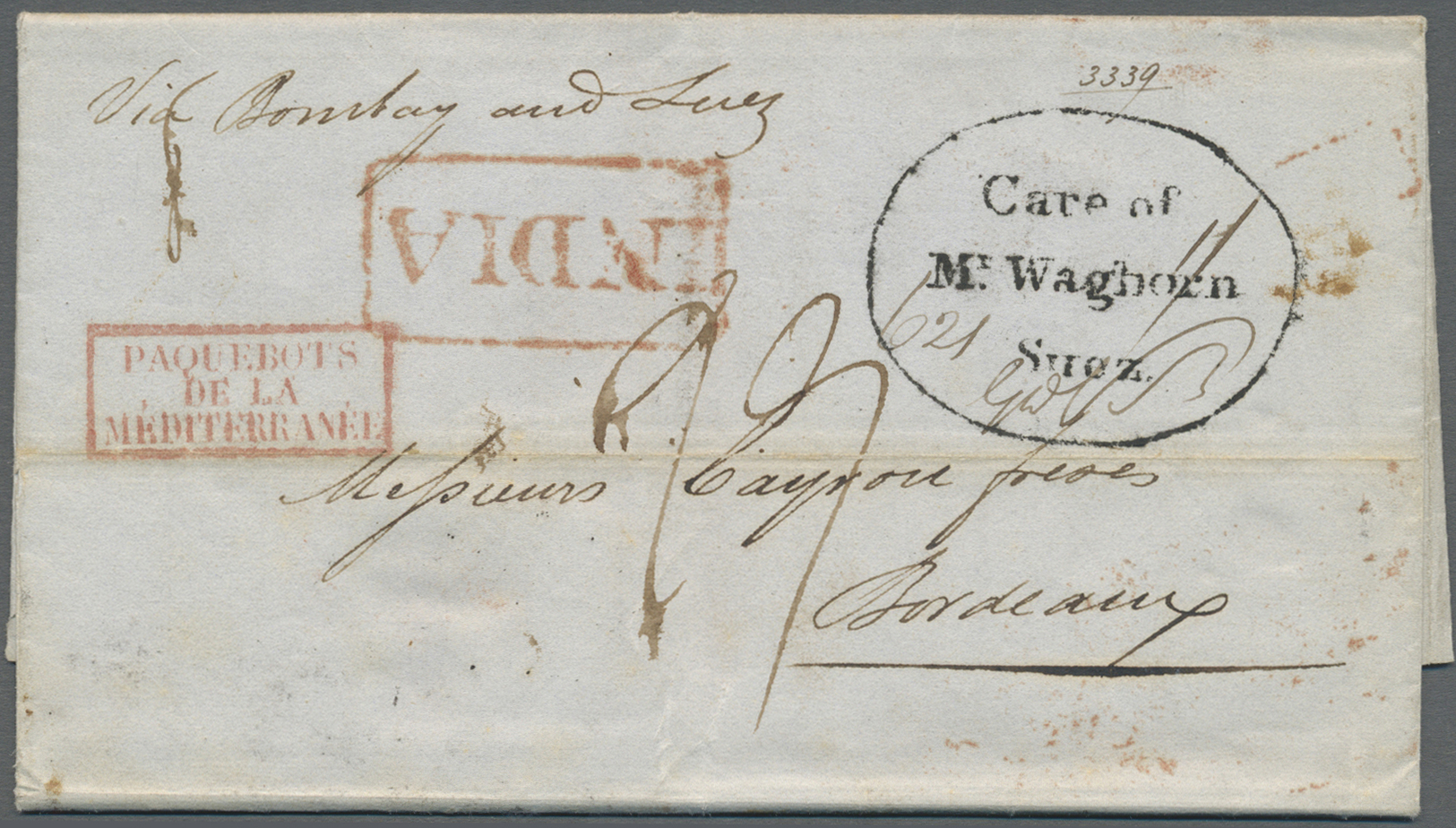 Br Indien - Vorphilatelie: 1840 WAGHORN & Co.: "Care Of/Mr. Waghorn/Suez" Oval Handstamp With '621' Noting And Signed By - ...-1852 Prephilately