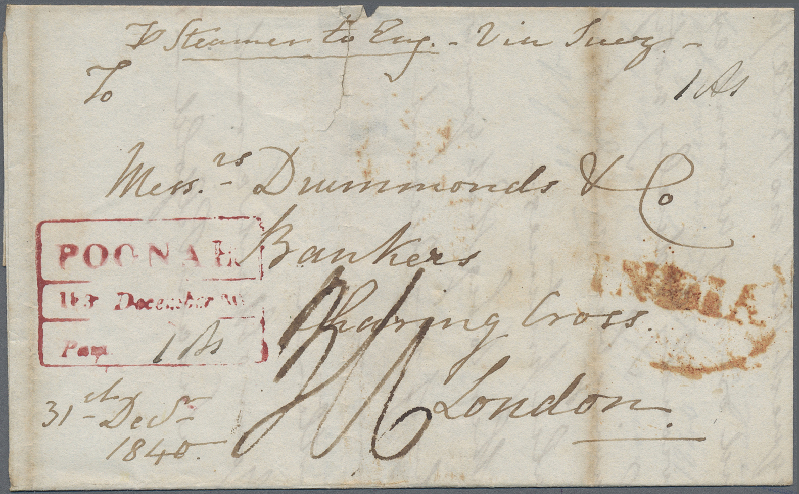 Br Indien - Vorphilatelie: 1840. Pre Stamp Envelope Written From Poonah Dated 'Dec 31st 1840' Addressed To London Cancel - ...-1852 Prephilately