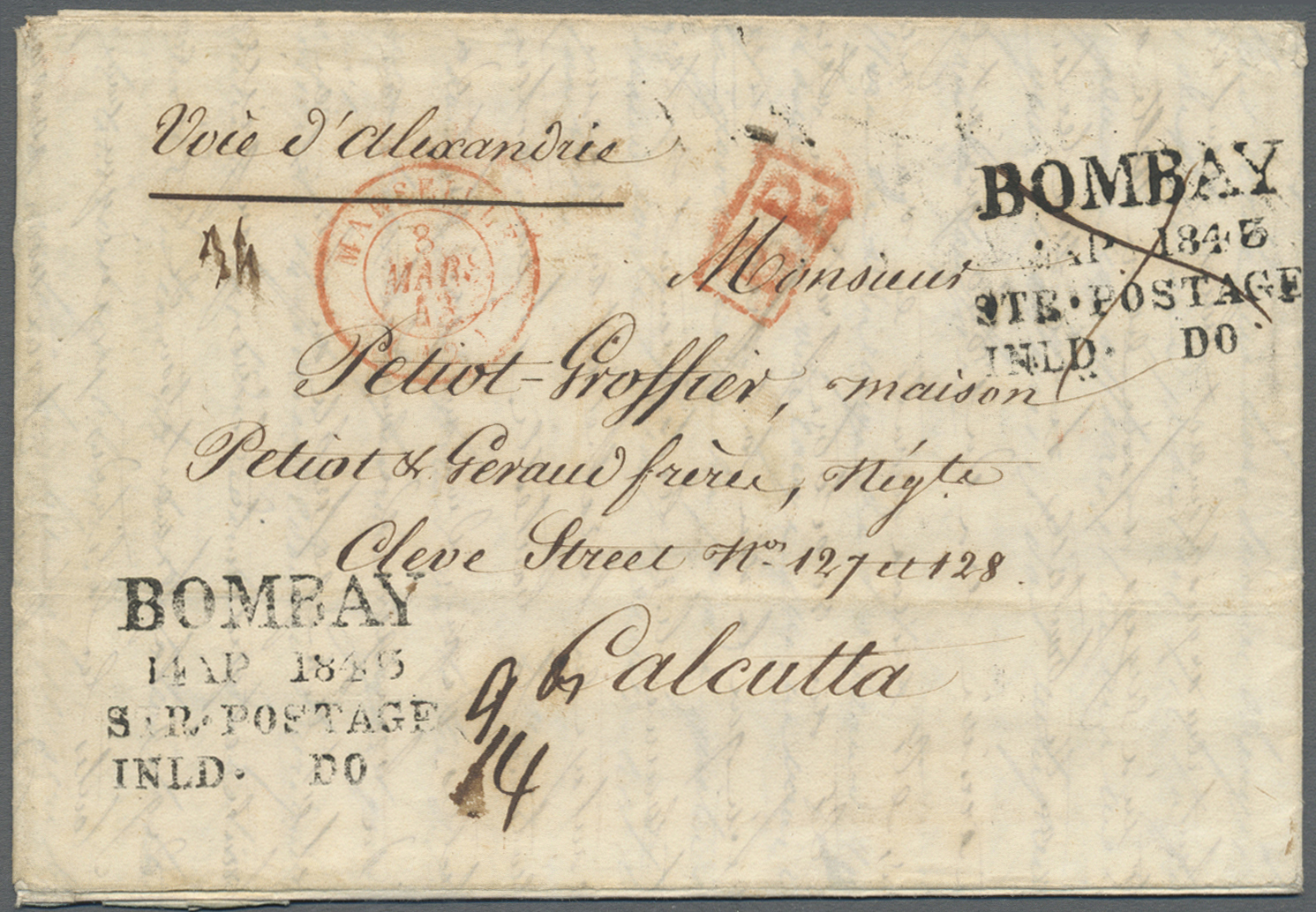 Br Indien - Vorphilatelie: 1845 (4 Mar.) Bombay Ship Letter: Four-liner "BOMBAY/14 AP 1845/STR.POSTAGE (9as)/INLD. DO (1 - ...-1852 Préphilatélie