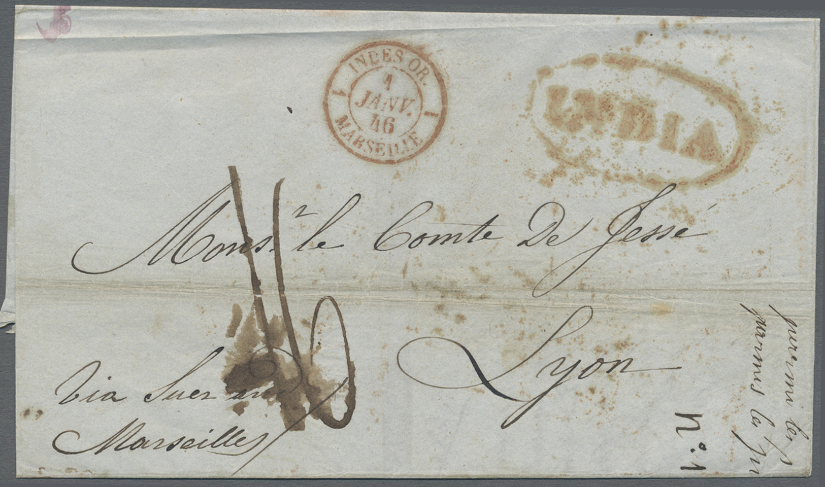 Br Indien - Vorphilatelie: 1845 Folded Cover From Agra To Lyon, France 'Via Suez And Marseilles' (endorsed In M/s), With - ...-1852 Prephilately