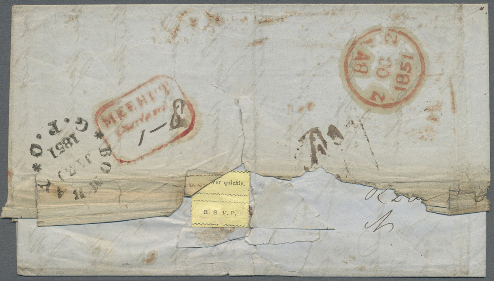 Br Indien - Vorphilatelie: 1851 Letter From Meerut To London Via Bombay Bearing The Scarce Framed "MEERUT/Overland/(1-8) - ...-1852 Prephilately