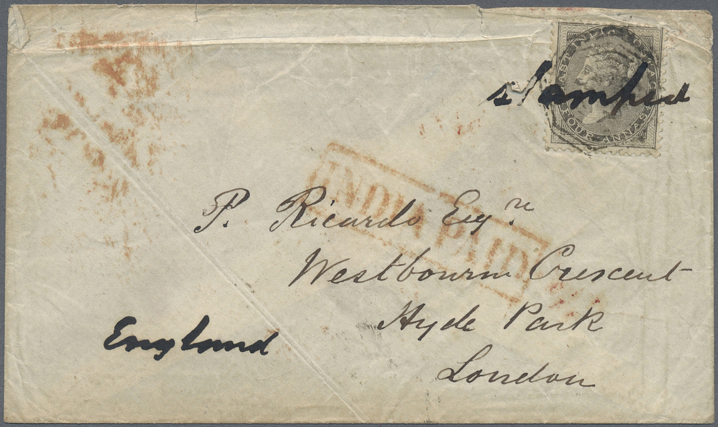 Br Indien - Vorphilatelie: BURMA, 1856. Envelope Addressed To London Bearing Lndia SG 46, 4a Black Tied By Octagonal 'B/ - ...-1852 Prephilately
