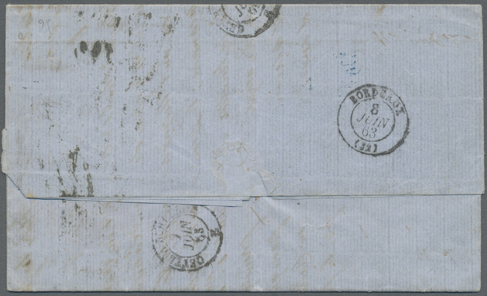 Br Indien - Vorphilatelie: 1863, Full Entire Letter With Blue Double Cds "PONDICHERY 9 MAY 63" And Red French Ship-post - ...-1852 Prephilately