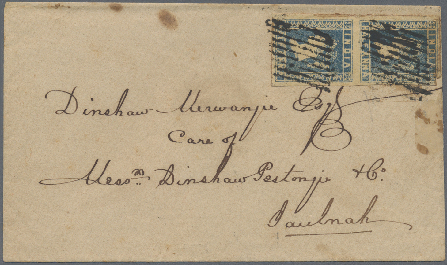 Br Indien: 1854 Lithographed ½a. Blue, Die I, Vertical Pair, Used On 1855 Cover From Bombay To Jaulnah, Tied By Diamond - Autres & Non Classés