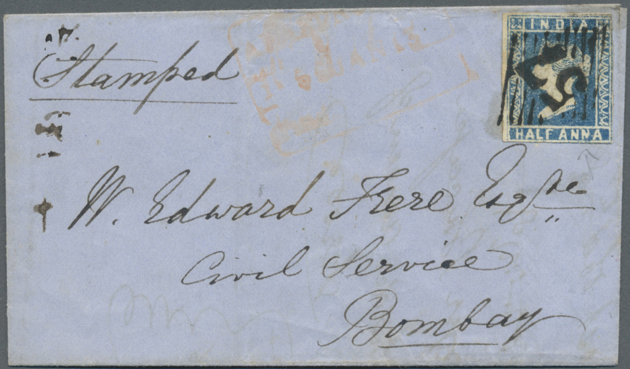 Br Indien: 1856. Envelope Addressed To Bombay Bearing SG 2, Half Anna Blue Tied By '57' In Diamond With Framed Alhemdnag - Other & Unclassified