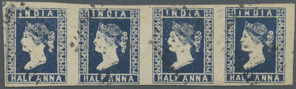 O Indien: 1854 Lithographed ½a. Deep Blue, Die I, Horizontal Strip Of Four, Used And Cancelled By Diamonds Of Dots, Comp - Autres & Non Classés