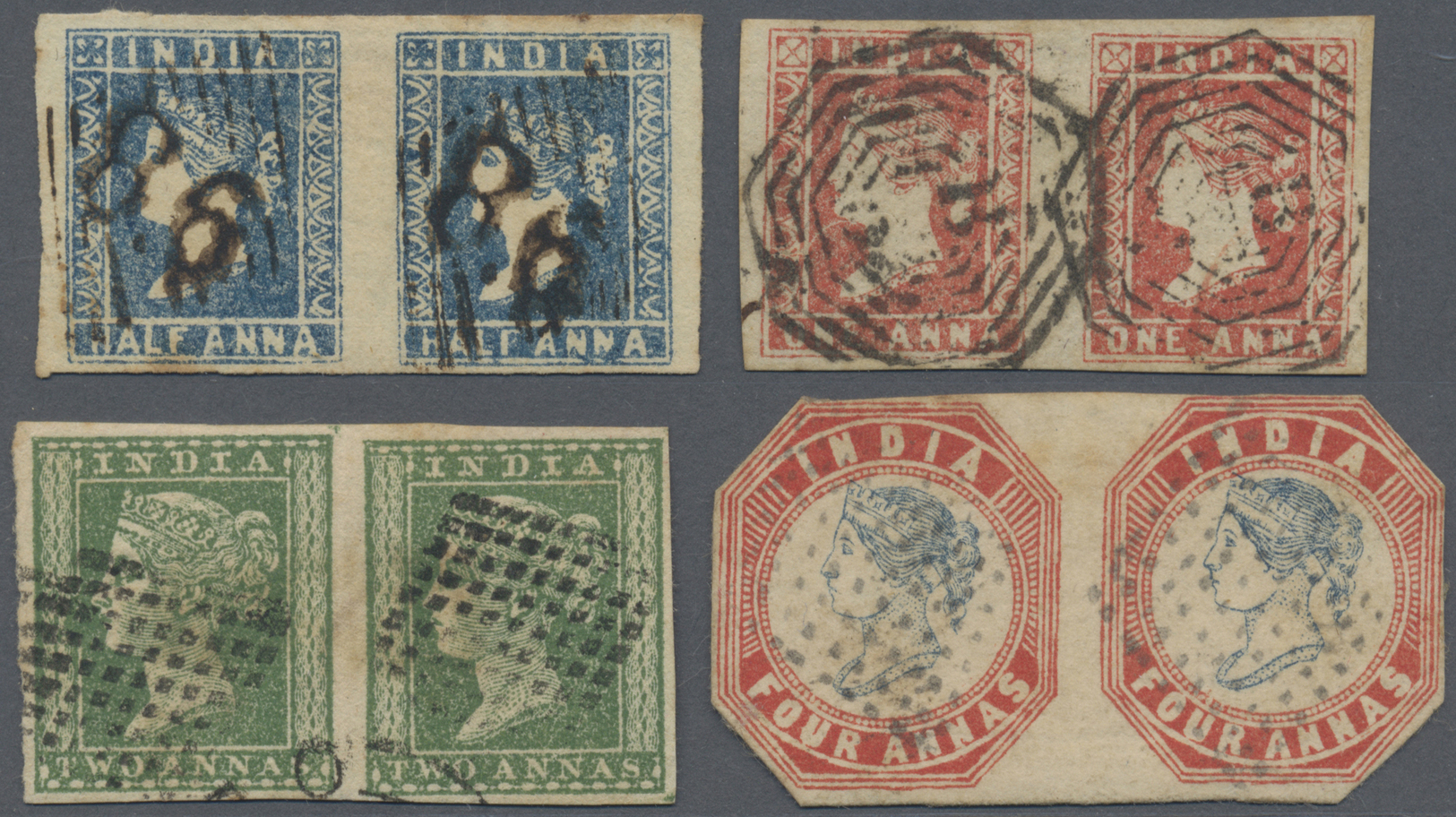 /O Indien: 1854-55 Set Of Four Horizontal Pairs Of ½a. Blue, 1a. Red, 2a. Green And 4a. Blue & Red, Fine Used. - Autres & Non Classés