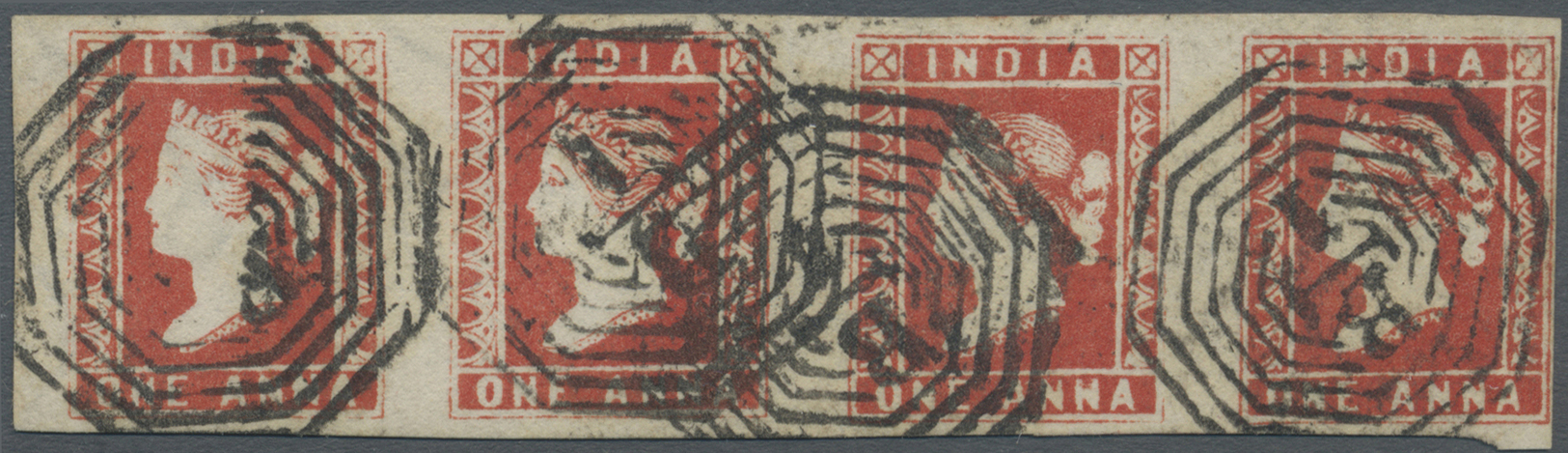 O Indien: 1854 Lithographed 1a. Deep Red, Die I, Horizontal Strip Of Four, Used At Calcutta And Cancelled With Clear Str - Altri & Non Classificati