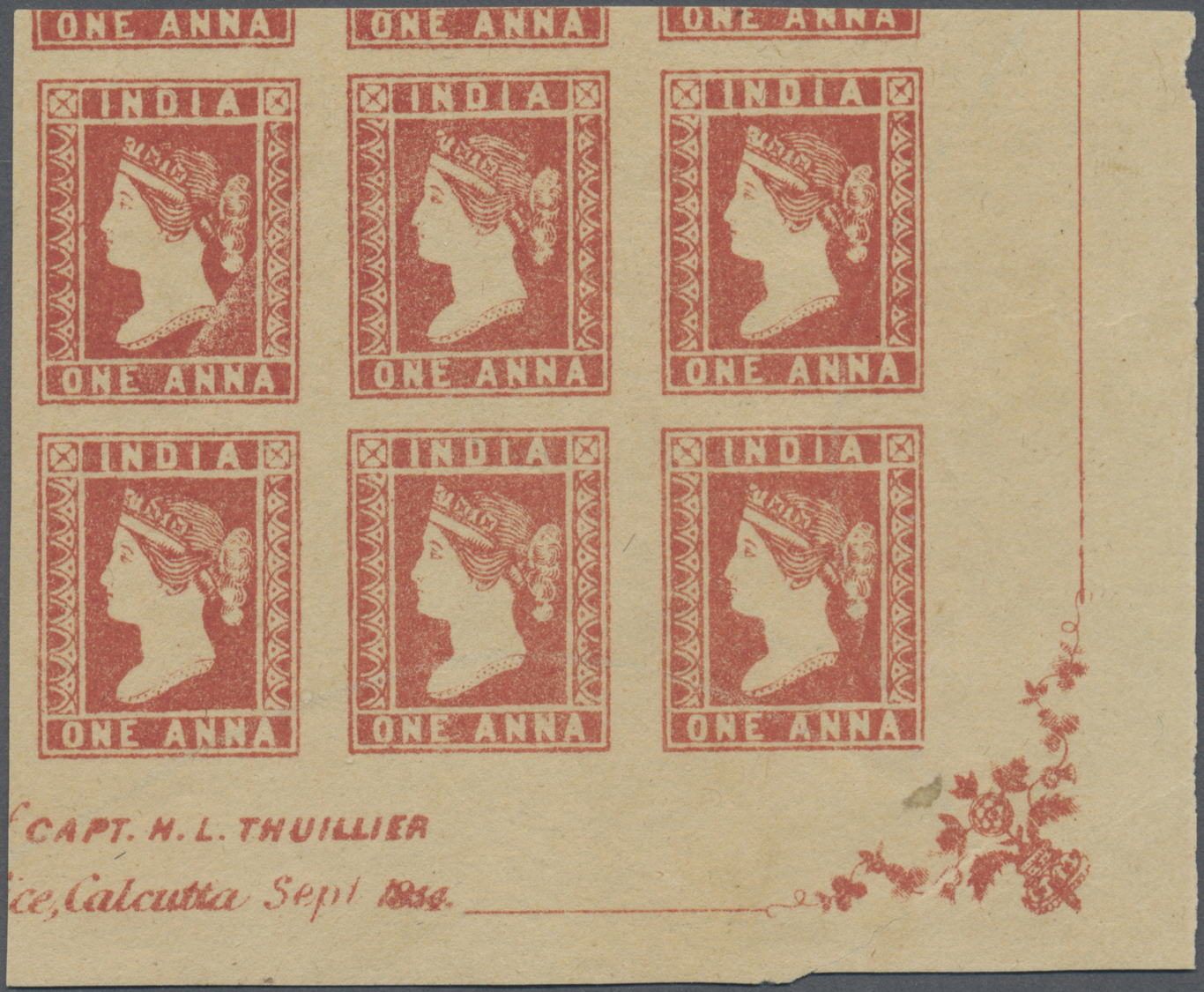(*) Indien: 1854 Lithographed 1a. Red, Die II, Bottom Right Corner Marginal Block Of Six With Marginal Ornaments And Ins - Autres & Non Classés