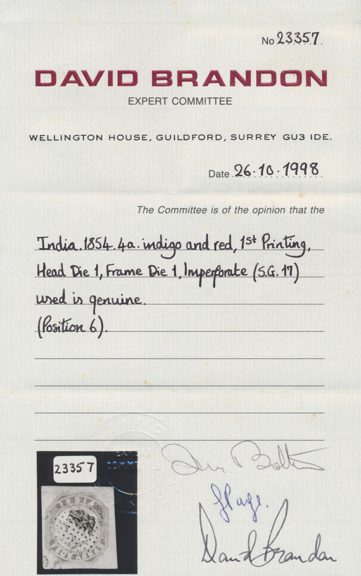 O Indien: 1854 Lithographed 4a. Indigo & Red, 1st Printing, Sheet Pos. 6, Used And Cancelled With Black Diamond Of Dots - Other & Unclassified