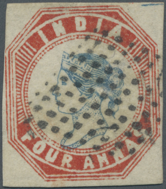 O Indien: 1854-55 Lithographed 4a. Blue & Red, 4th Printing, Sheet Pos. 15 With Part Of Sheet's Center Cross At Top Righ - Autres & Non Classés