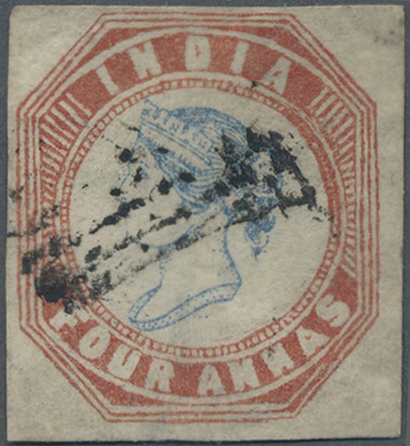 O Indien: 1854-55 Lithographed 4a. Blue & Red, 4th Printing, Sheet Pos. 23, Used And Cancelled By Diamond Of Bars, Cut S - Autres & Non Classés