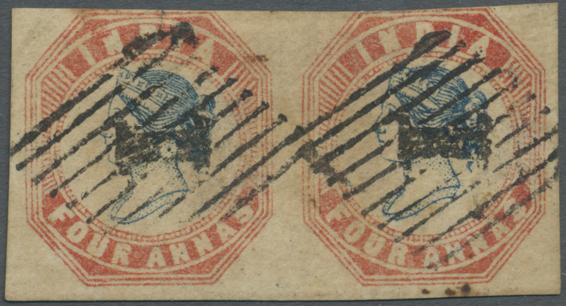 /O Indien: 1854-55 Lithographed 4a. Blue & Pale Red, Horizontal Pair From 4th Printing, Sheet Pos. 7+8, With Small Retou - Other & Unclassified