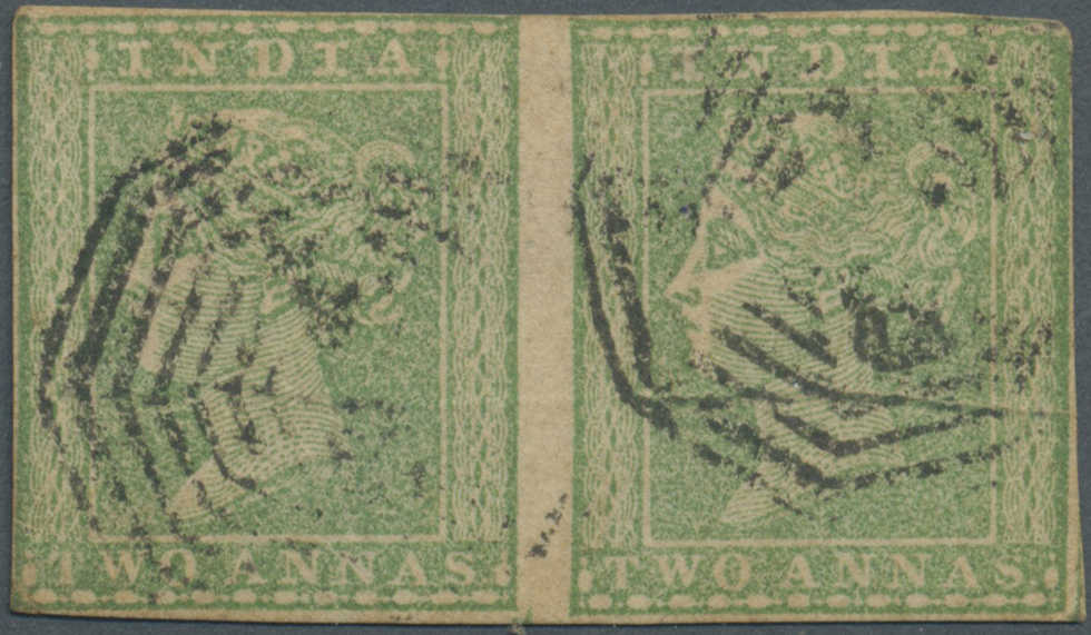 /O Indien: 1854, Lithographed 2a. Green Horizontal Pair Used At Calcutta With "B/1" Octogonal Numeral, With An Unusual P - Other & Unclassified
