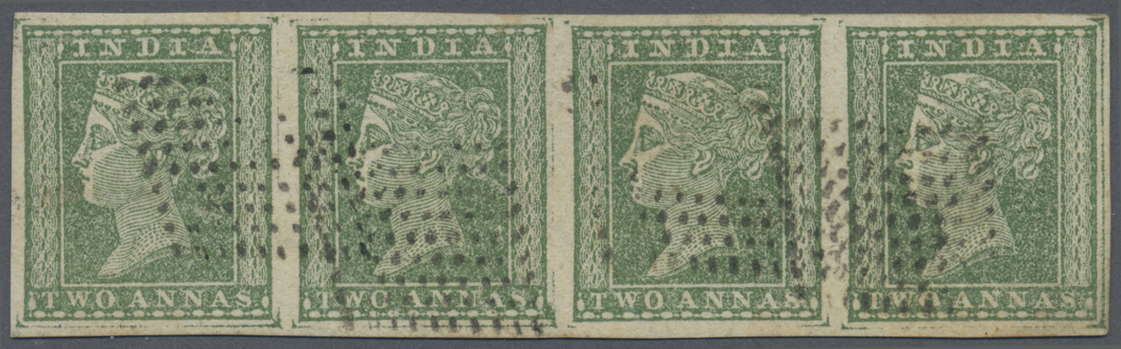 O Indien: 1854 QV 2a. Green, Horizontal Strip Of Four, Used And Cancelled With Fine Strikes Of Diamond Of Dots, Fresh Co - Other & Unclassified