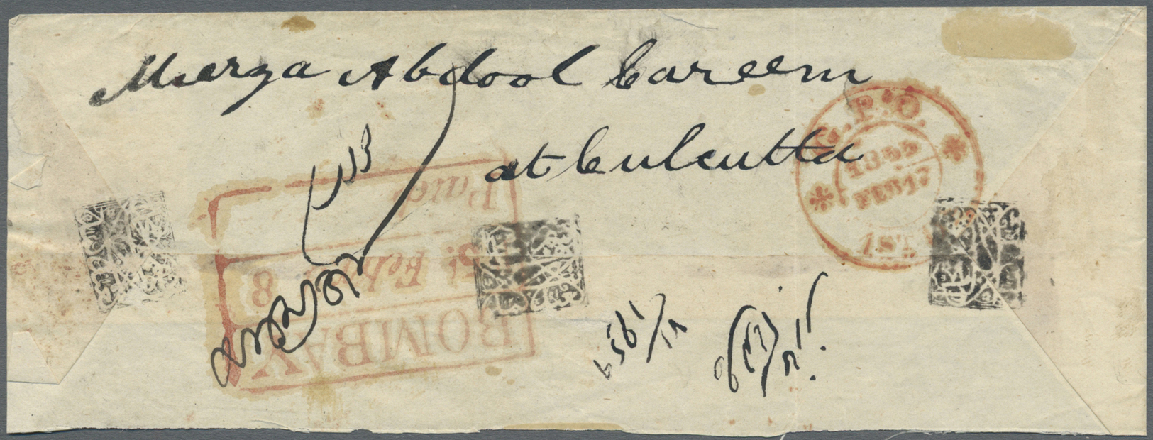 Br Indien: 1854 QV 2a. Green Tied By Diamond Of Bars To Small Cover From Bombay To Calcutta, Backstamped With Red Boxed - Autres & Non Classés