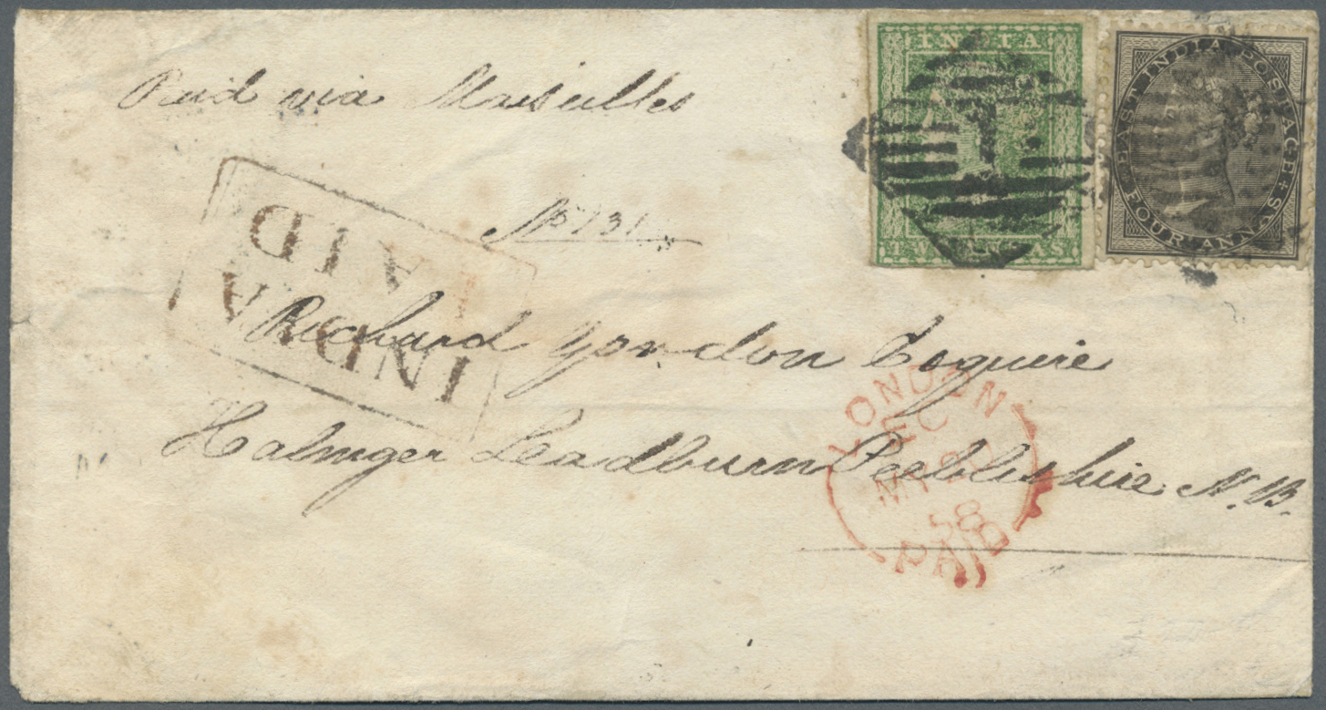 Br Indien: 1854 Lithographed 2a. Green In Combination With 1856 4a. Black On 1858 Cover From Agra To Leadburn, Peeblessh - Other & Unclassified