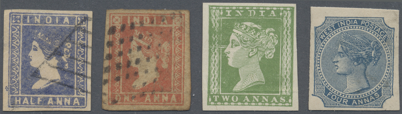 O/(*) Indien: 1854/1890 (c.): Group Of Four Early QV Stamps, With Imitation Of ½a. In Violet-blue, A Used Single Of Lith - Autres & Non Classés