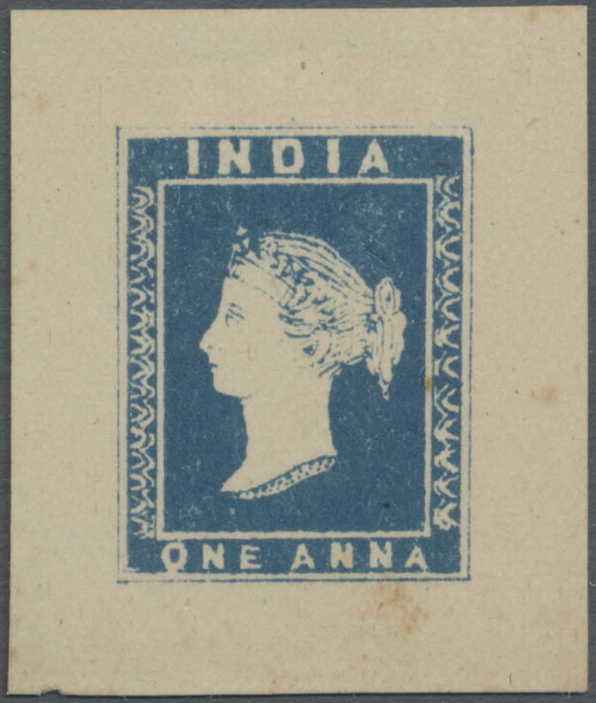 (*) Indien: 1854/1890 Lithographed Imitation Of Capt. Thullier's Essay 1a. Blue On Yellowish Paper, Even Huge Margins, F - Other & Unclassified