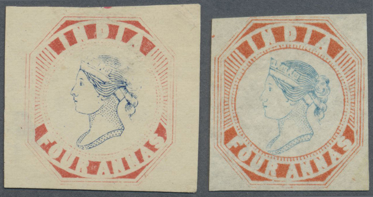 (*) Indien: 1854/1890's: Two Reprints Of The Lithographed 4a., One In Red & Deep Blue On Yellowish Wove Paper, The Secon - Autres & Non Classés