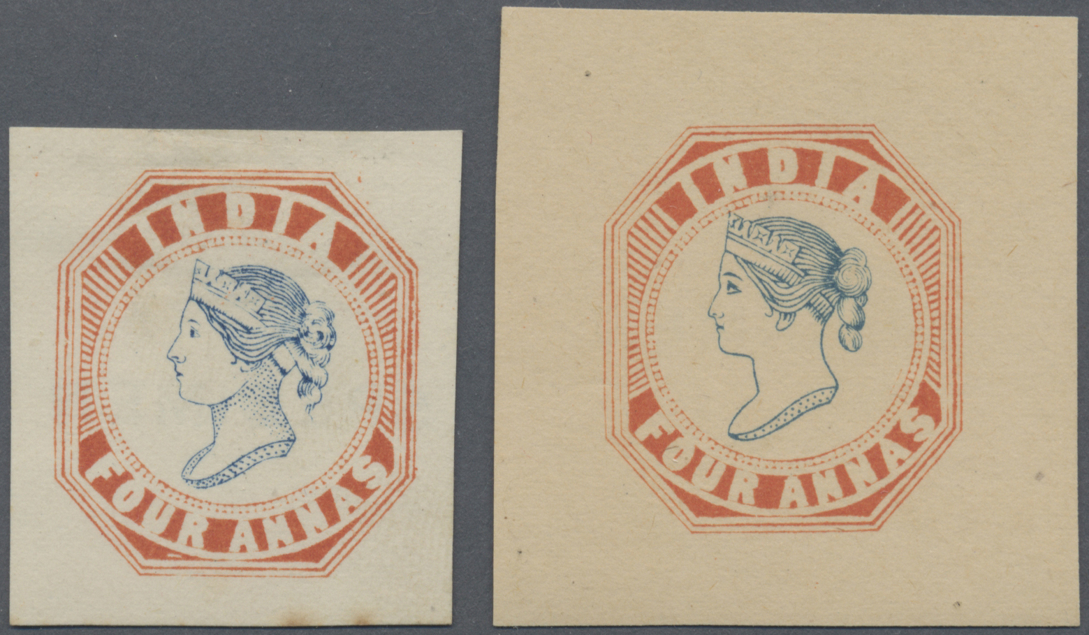 (*) Indien: 1854/1890's: Two Different Lithographic Transfers 4a. Blue & Red, Frames Die II, Heads Of Somewhat Different - Autres & Non Classés