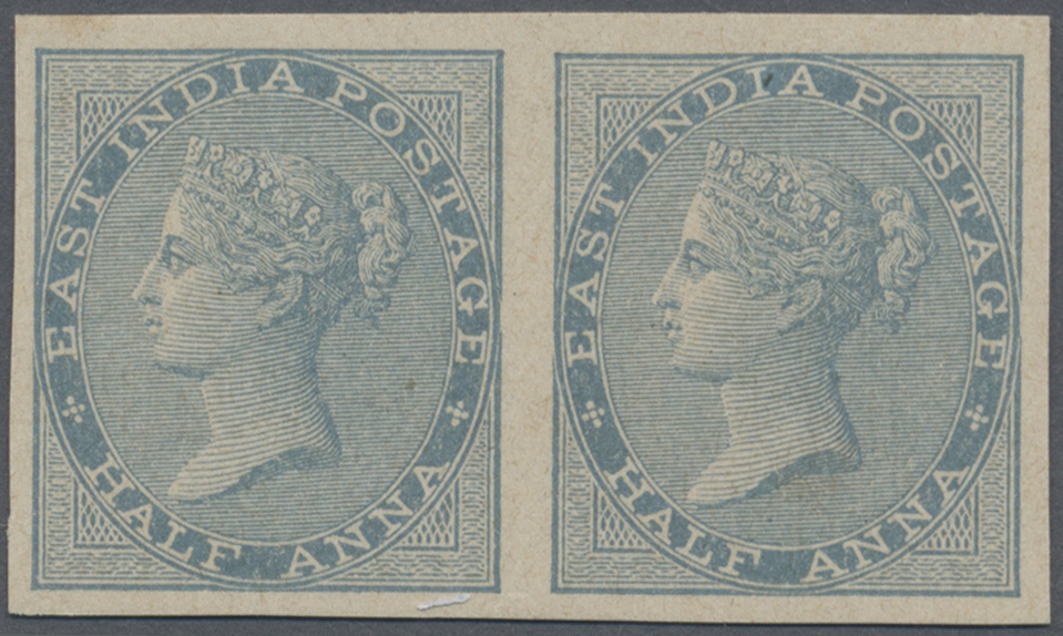 (*) Indien: 1856 QV ½a. Blue IMPERFORATE Horizontal Pair, Unused Without Gum, Fine. - Autres & Non Classés