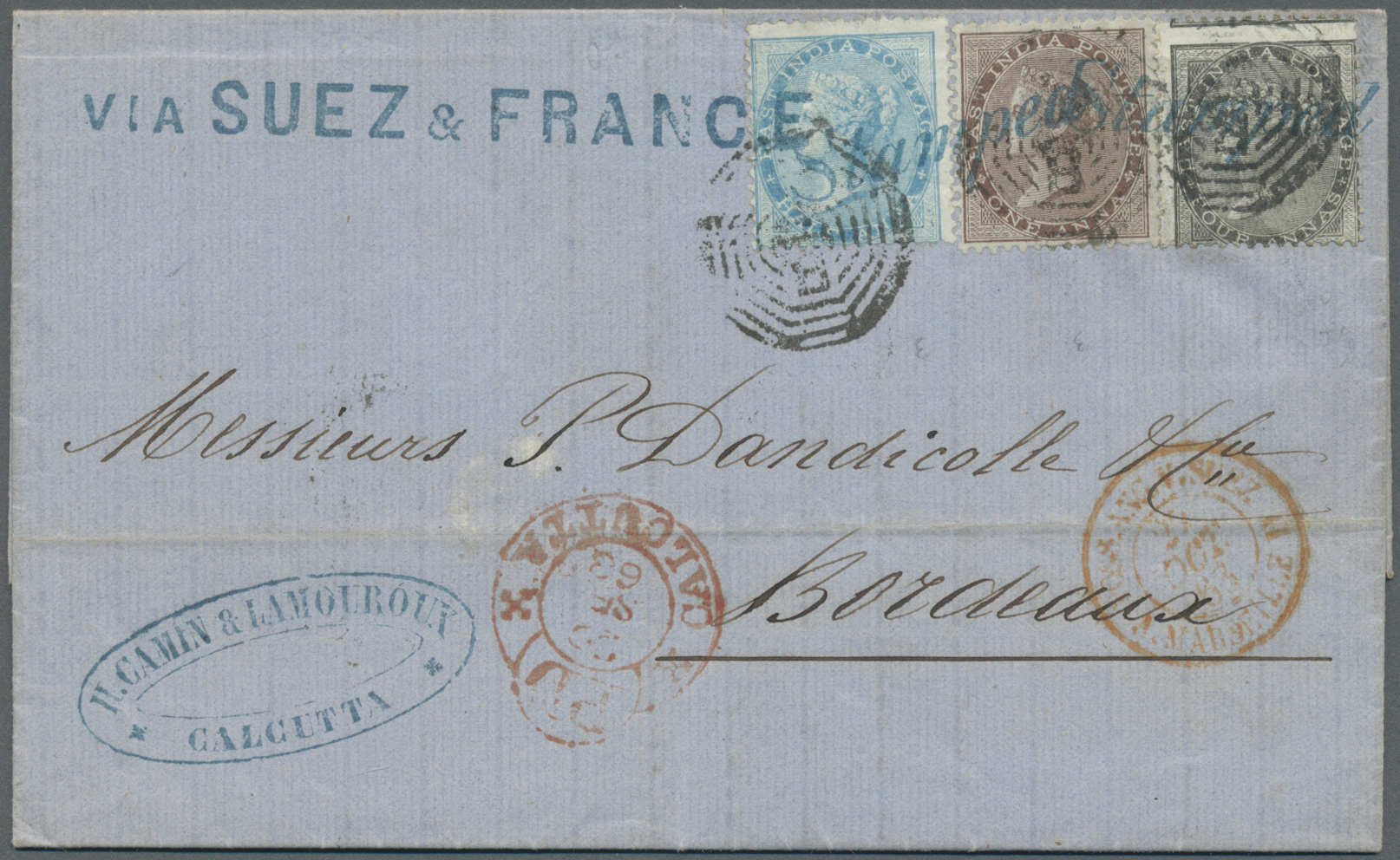 Br Indien: 1856-63: Three Early Franked Covers To France, With 1856 Printed Letter From Calcutta To Dinan Franked 8a. Ca - Other & Unclassified