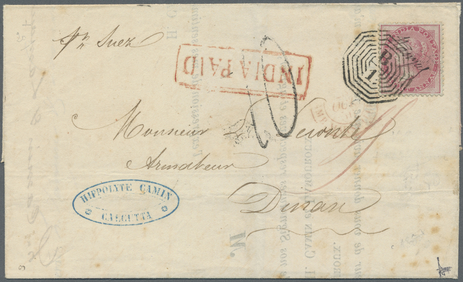 Br Indien: 1856-63: Three Early Franked Covers To France, With 1856 Printed Letter From Calcutta To Dinan Franked 8a. Ca - Autres & Non Classés