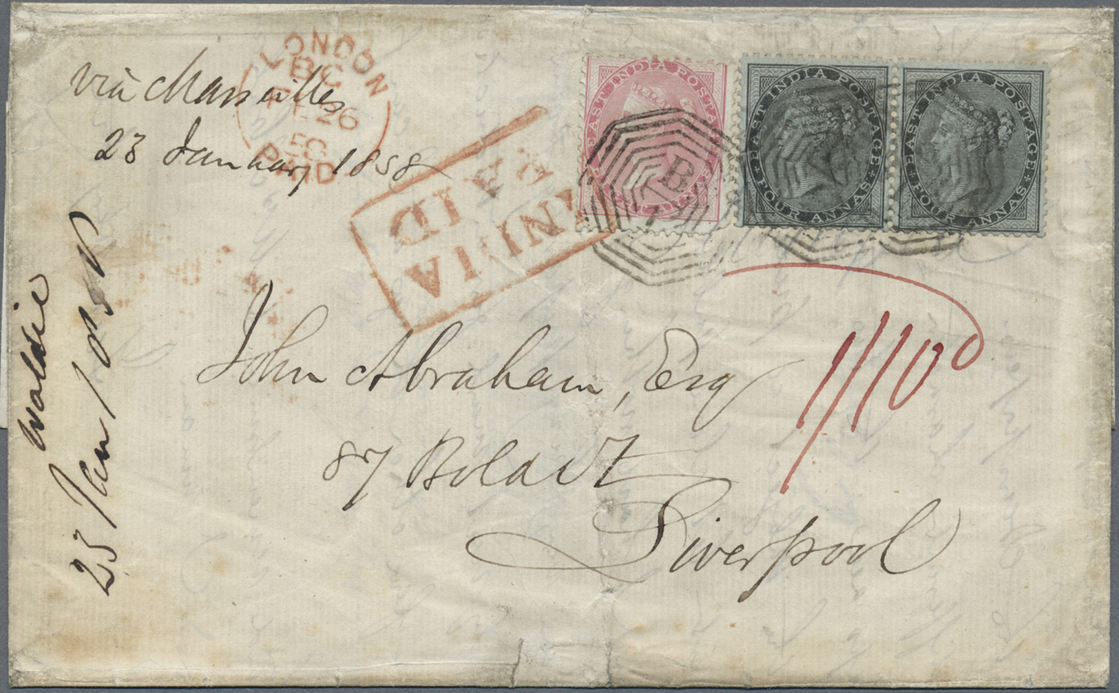 Br Indien: 1858. Envelope (small Faults) Written From Calcutta Dated '28th Jan 1858' Addressed To Liverpool Bearing SG 4 - Autres & Non Classés