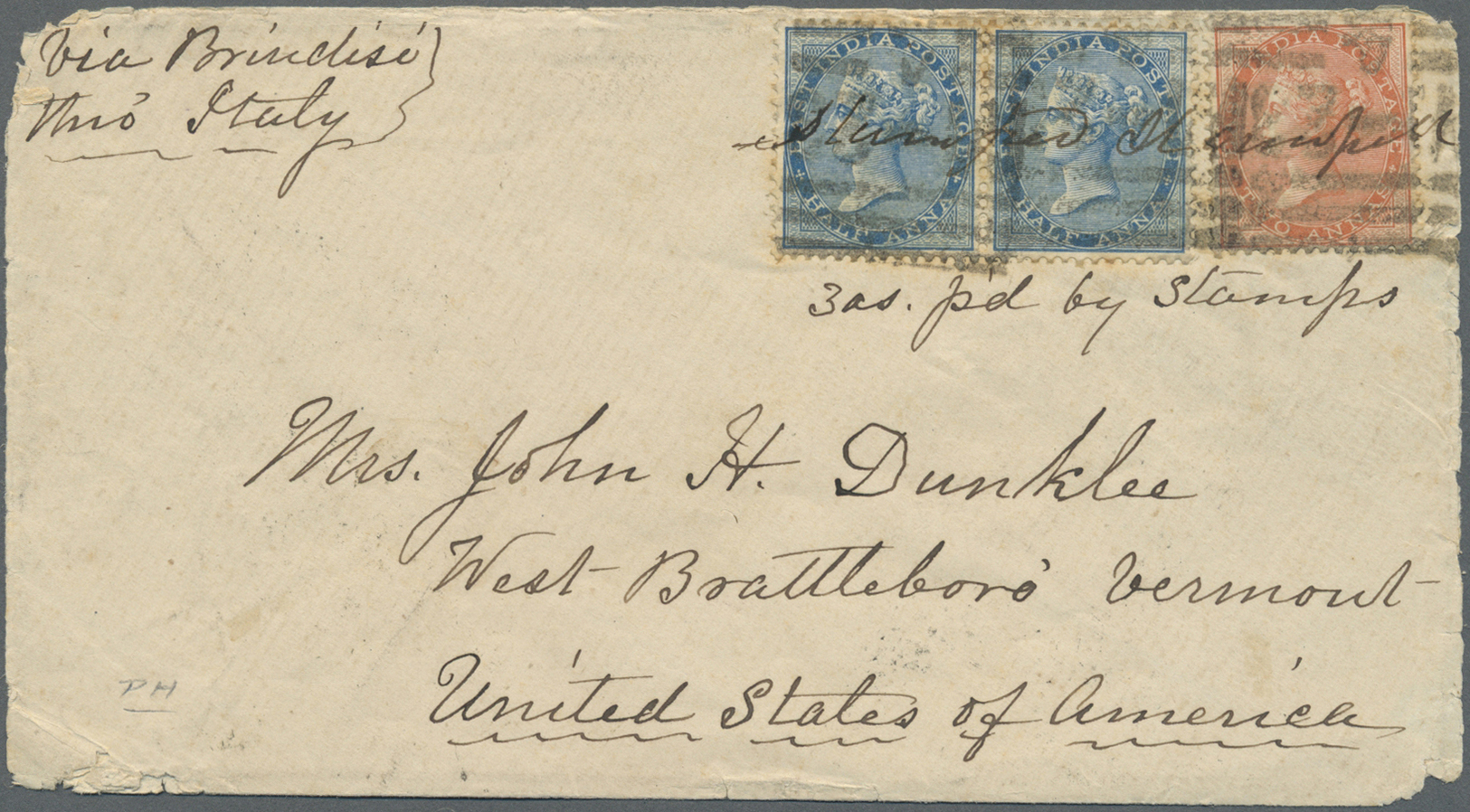 Br Indien: 1859-1873 Three Covers From India To The U.S.A. Franked With East India Adhesives, With 1) Entire Letter 1859 - Other & Unclassified