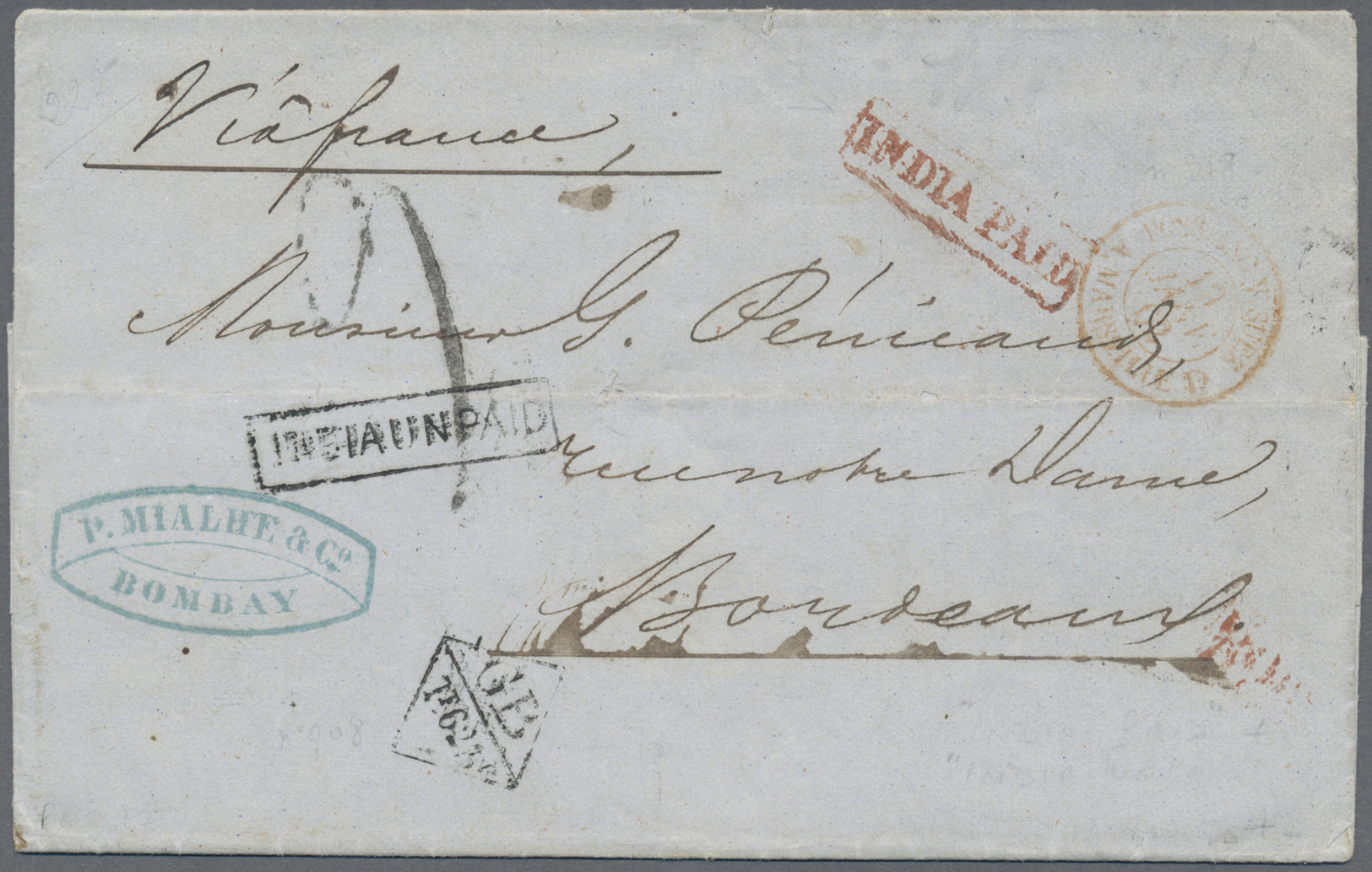 Br Indien: 1861, Bombay To Bordeaux With Red INDIA PAID For Domestic Postage Rate. Took The Following Route: Bomby-Suez - Other & Unclassified