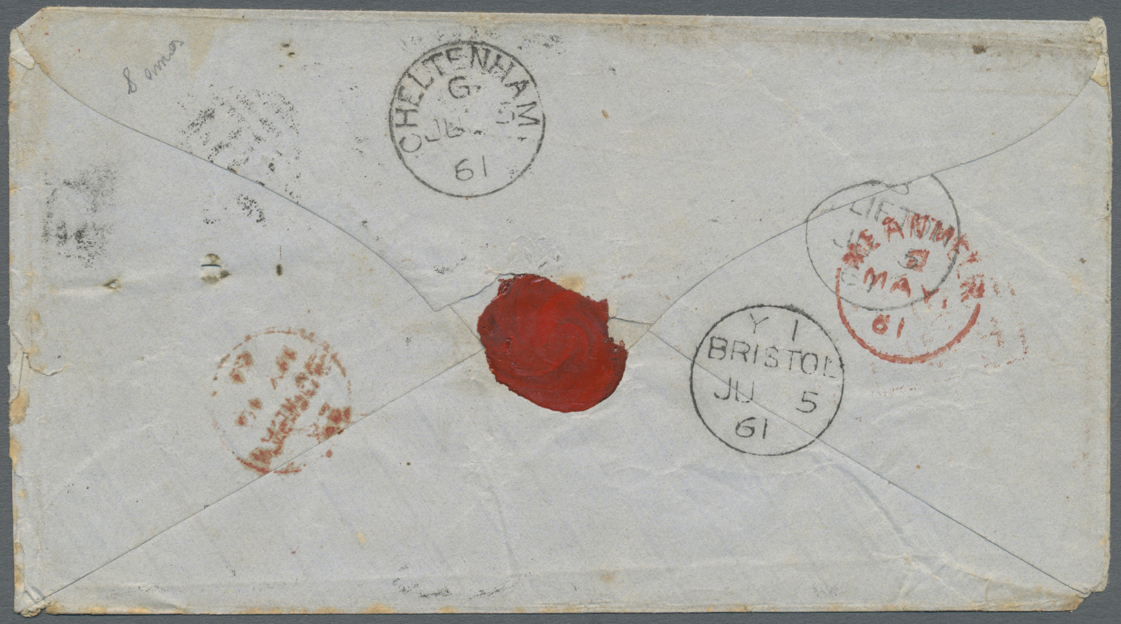 Br Indien: 1861. Envelope (small Faults) Addressed To England Bearing SG 36, 8a Carmine On Blue Glazed Paper Tied By '16 - Autres & Non Classés