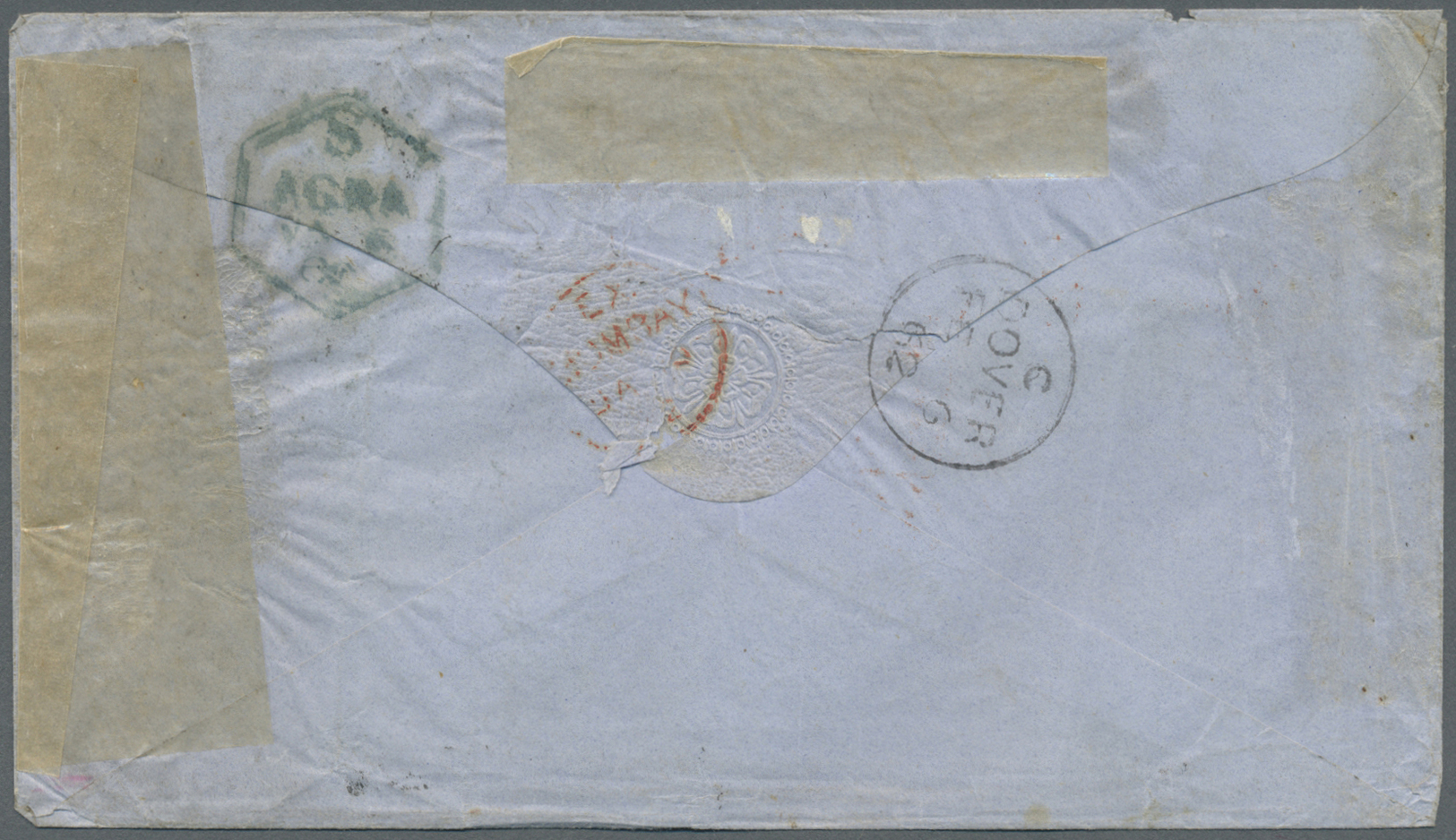 Br Indien: 1862-70: Four printed envelopes to Great Britain with coloured and embossed printings "Via Southampton" in vi