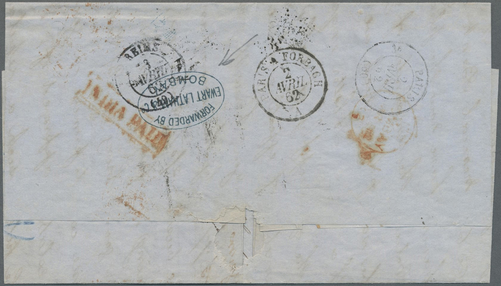 Br Indien: 1862-72 Bombay Forwarder: Three Forwarded Covers From Bombay To Europe, With 1) 1862 Stampless Letter To Fran - Autres & Non Classés