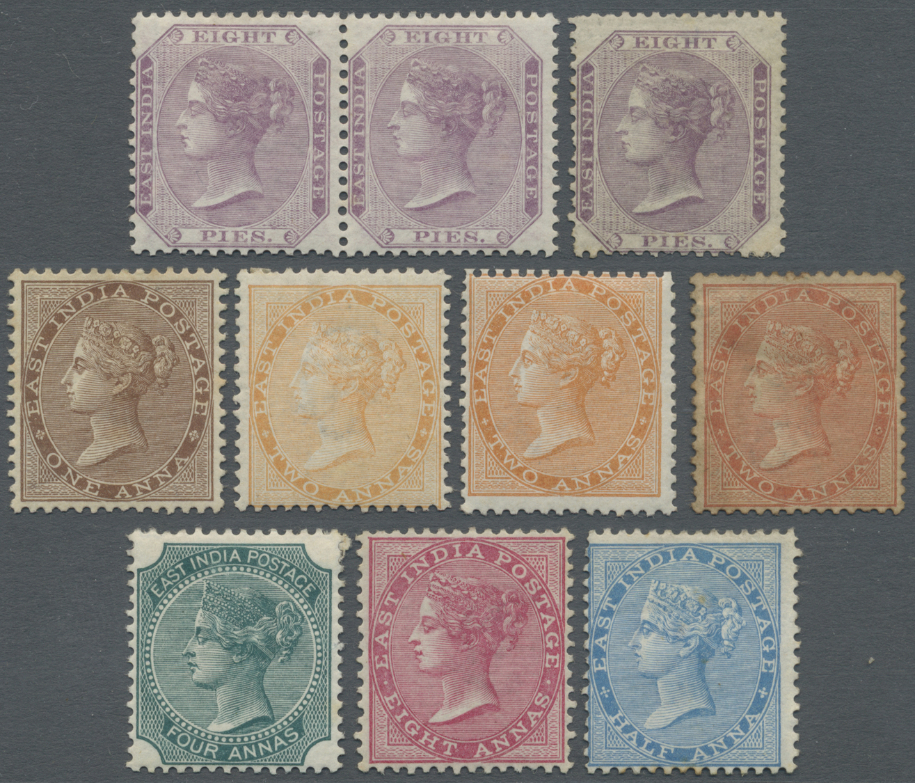 * Indien: 1865-73: Group Of 10 Mint Stamps, Wmk 'Elephant', Including 8p. Pair And Single, 1a. Brown, The Singles 2a. Or - Autres & Non Classés