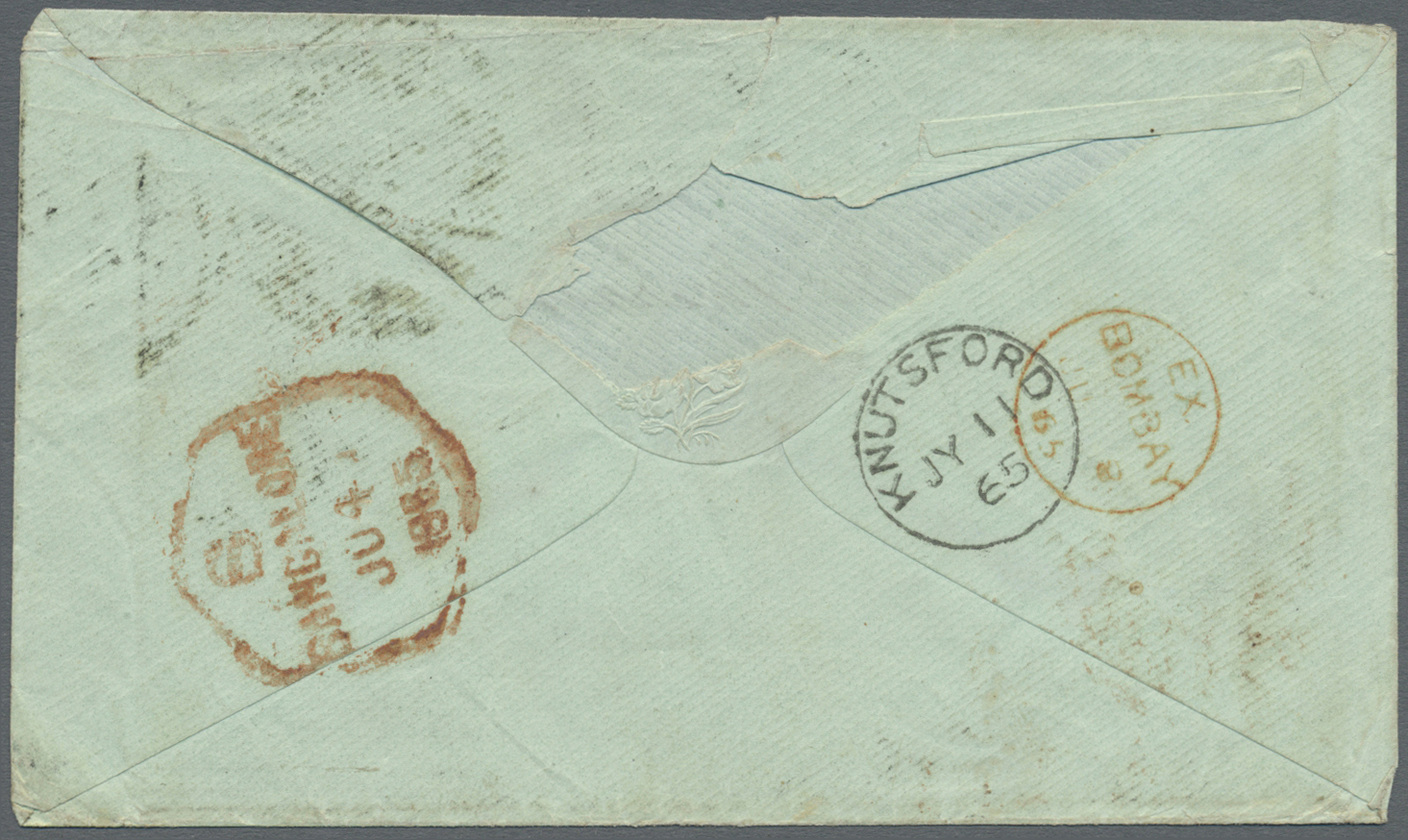 Br Indien: 1865. Envelope (small Faults/backflap Missing) Addressed To England Bearing SG 45, 4a Black Tied By Octacamun - Other & Unclassified